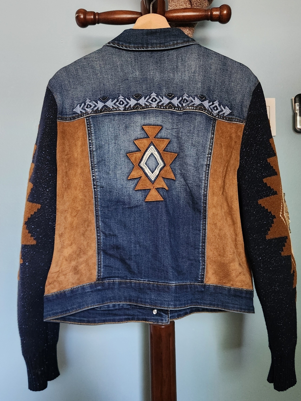 Reba Denim Jacket with Knit Sleeves - Blue & Brown - Picture 5 of 5